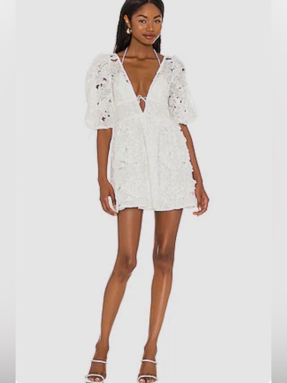 NWT For Love & Lemons White Lace Mini Dress with Puff Sleeves